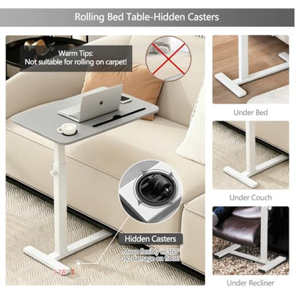 BeGyoku Overbed Table,Over The Bed Table with Hidden Wheels&Cup Holder,Adjustable Bedside Table and Rolling Table Tray&Laptop Cart,Hospital Table Over Bed for Home Use(Gray) - color: Grey