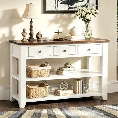 48’’ Modern Farmhouse Wood Entryway Console Table w/Storage, Antique White | 3-Tier Sofa Table Behind Couch, 3 Drawers, 2 Open Shelves, Easy Assembly, for Living Room, Dining, Hallway - color: Antique White