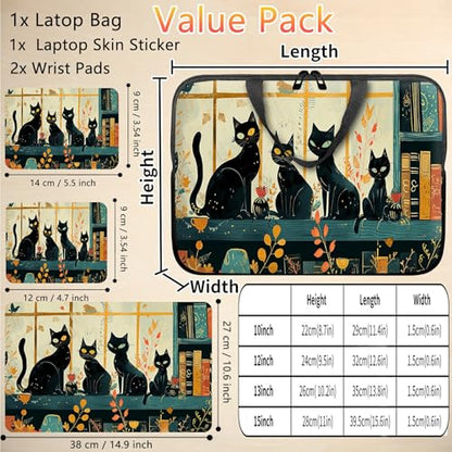 10 inch Laptop Sleeve with Laptop Skin Sticker Set – Slim Protective Case with Smooth Zipper, Lightweight Tablet & Notebook Sleeve for Travel & Daily Carry, Black Cats - color: Black Cats, size: 10 inch