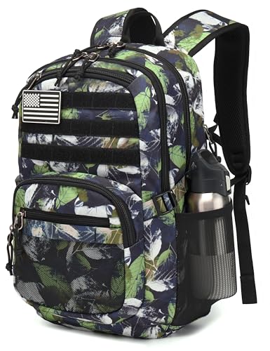 Wotony Military Tactical Backpack for Men Army 3 Days Assault Pack Bag with Molle System for Outdoor Adventures (green leaves, 25L) - color: Green Leaves, size: 25L