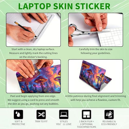 Laptop Skin Sticker Decal, Universal Protective Cover Fit 12 13 14 15.6 Inch Notebook, Reusable Water-Resistant Vinyl Decal w/ 2 Wrist Pads for Business Travel Office, Mushroom Forest Art - color: Mushroom Forest Art
