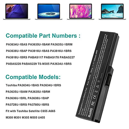 PA3634U-1BAS Laptop Battery for Toshiba Satellite A665 C655 L645 L645D L650 L650D L655 L655D L670 L675 M300 M301 M305 M505 U405, p/n PABAS228 PA3634U-1BRS PA3635U-1BAM PA3636U-1BRS PA3635U-1BRM - size: 6 Cell PA3634U-1BAS