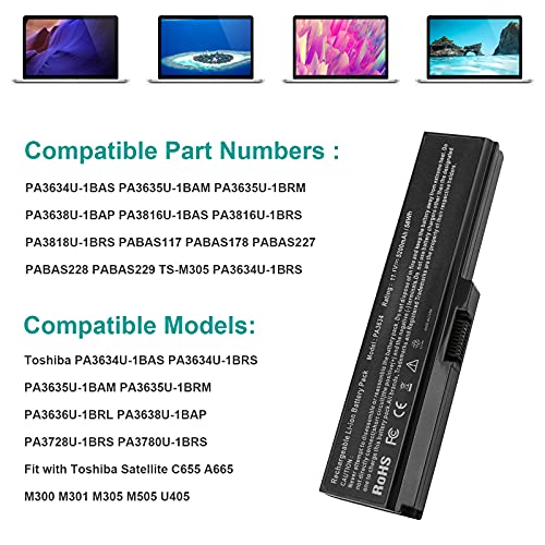 Futurebatt Laptop Battery fit Toshiba Satellite A665 C655 L645 L645D L650 L650D L655 L655D L670 L675 M300 M301 M305 M505 U405 Series, p/n PABAS228 PA3634U-1BRS PA3634U-1BAS PA3635U-1BAM PA3636U-1BRS - size: PA3634 8.86 3.15 1.38 in