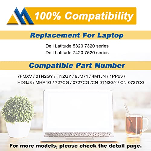 7FMXV 63Wh 4-Cell Laptop Battery Replacement for Latitude 7420 5320 7320 7520 Series TN2GY 0TN2GY 9JM71 4M1JN 1PP63 727CG HDGJ8 MHR4G CN-0727CG CN-0TN2GY 15.2V 3941mAh - size: 9.96*4.10*0.22 inch 7FMXV