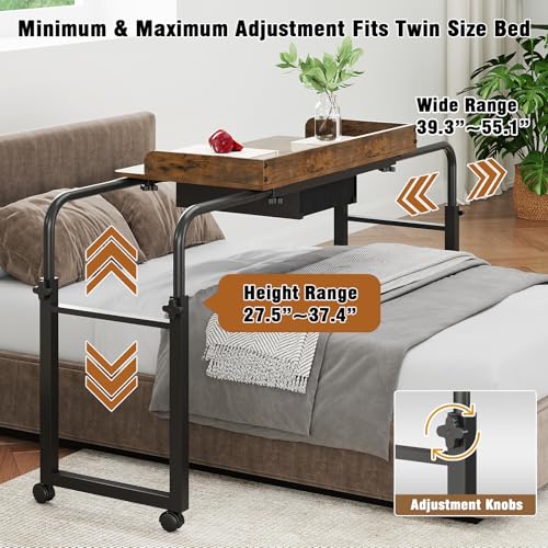 GiftGo Over Bed Table with Wheels, Recliner Table Bed Desk, Adjustable Height and Length Laptop Table with Storage Drawer Metal Leg for Bedroom Home Office Hospital (Rustic Brown, 39.3" to 55.1") - color: Rustic Brown