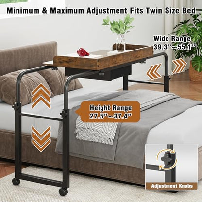 GiftGo Over Bed Table with Wheels, Recliner Table Bed Desk, Adjustable Height and Length Laptop Table with Storage Drawer Metal Leg for Bedroom Home Office Hospital (Rustic Brown, 39.3" to 55.1") - color: Rustic Brown