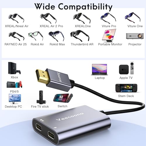 HDMI to USB C Adapter 4K 60Hz Portable Monitor, Unidirectional HDMI Male (Source) to USB C Female (Display) Adapter for AR Glasses XREAL One、Air 2 Pro/VITURE Pro/RayNeo Air 2s/Rokid,Switch,PS4/5,Xbox