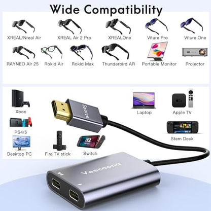 HDMI to USB C Adapter 4K 60Hz Portable Monitor, Unidirectional HDMI Male (Source) to USB C Female (Display) Adapter for AR Glasses XREAL One、Air 2 Pro/VITURE Pro/RayNeo Air 2s/Rokid,Switch,PS4/5,Xbox