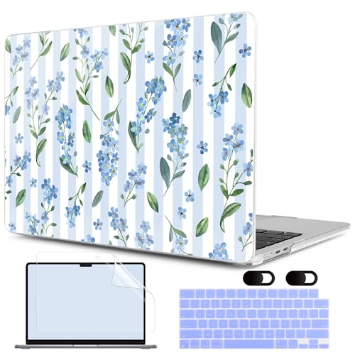 MEEgoodo Case for M5/M4/M3/M2 MacBook Air 13 inch Case 2026 2025 2024 2022, Fit Model A3449/A3240/A3113/A2681, Laptop Hard Shell Compatible with MacBook Air 13.6-inch, Blue Watercolor Flowers&Stripes - color: Blue Watercolor Flowers&Stripes