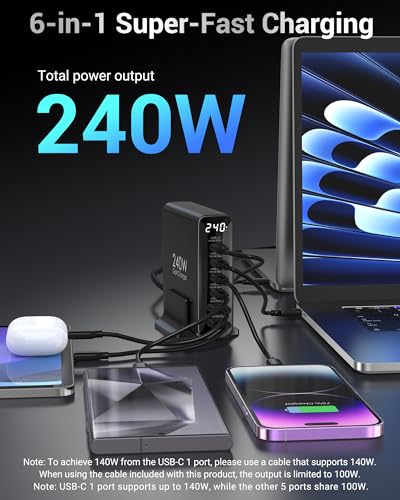 TOPADRE 240W USB C Charger with Display, 6 Ports Desktop Charging Station, PD3.1 140W Fast Charging Block for MacBook, iPad, iPhone 16/17, Galaxy S25/S24, Steam Deck, Dell XPS and More - color: Black