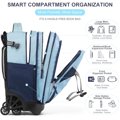 NEW TILAMI 18 Inch Expandable Rolling Backpack Stair-Climbing for School | 6-Wheel Stair-Climbing Girls Boys Carry-on Suitcase 15.6 Laptop Sleeve Water-Resistant Adjustable Handle Wheel Travel Camping - color: Sky Blue