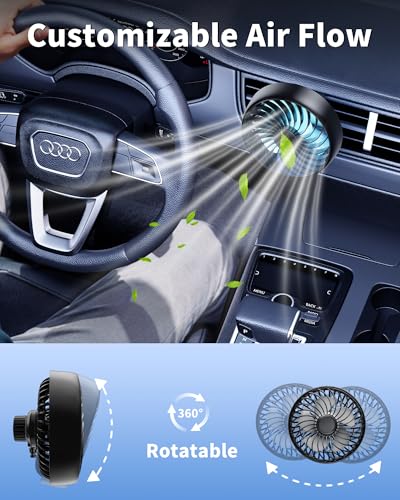USB AC Fan for Car SUV Van Pickup Truck RV Vehicles Air Vent, Car Vent Fan to Boost Cooling Air Circulation, Colorful Lighting Car Clip On Fan 3 Speed Setting 360 Rotating Quiet Running