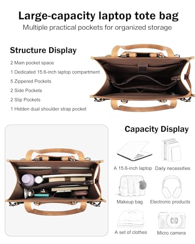 FADEON Laptop Bag for Women Designer PU Leather Large Tote Bags Backpack Purses with 15.6 Laptop Compartment Shoulder Handbag - color: Camel Brown Retro Style