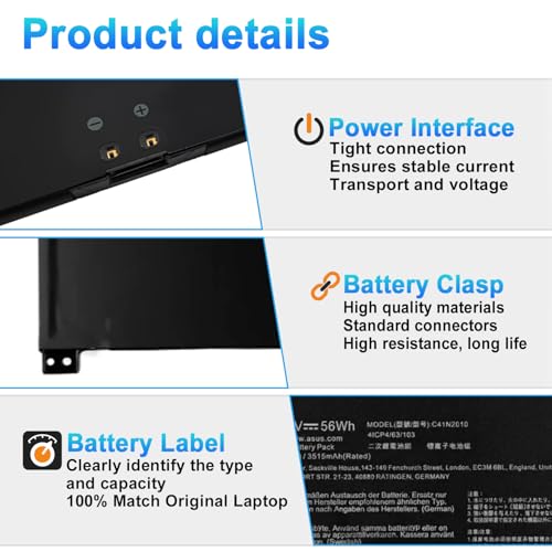 56Wh C41N2010 Laptop Battery Replacement for ASUS TUF Gaming A15 FA507 FA507ZM F15 F507 ROG Strix G15 G513IC G513IE G513IH G513QE G513QC G17 G713QE Series 0B200-03890000 15.48V 3620mAh - size: 10.39*3.54*0.29inch C41N2010