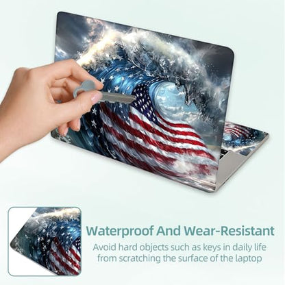 Universal Laptop Skin Decal, 3-Piece Vinyl Protector for 12 13 14 15.6" Notebook, Waterproof Anti-Scratch, Easy Trim & Bubble-Free Finish, Massive Ocean Wave with American Flag - color: Massive Ocean Wave with American Flag