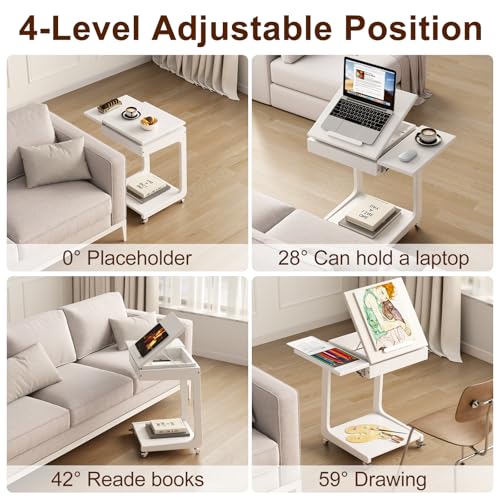Solid Wood C Shaped End Table for Couch,White C Table with Wheels,Rolling Side Table with Storage,Couch Desk with Adjustable Desktop,Rolling Tv Tray with Folding Shelf,Modern Couch Table - color: White