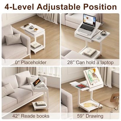 Solid Wood C Shaped End Table for Couch,White C Table with Wheels,Rolling Side Table with Storage,Couch Desk with Adjustable Desktop,Rolling Tv Tray with Folding Shelf,Modern Couch Table - color: White