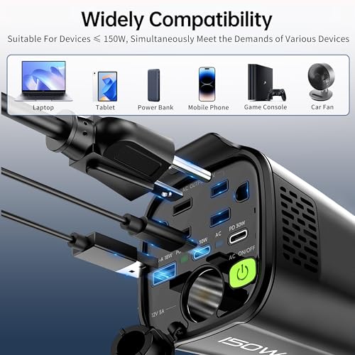 150W Power Inverter 6 in 1 DC 12V to 110V AC Inverter with 60W Dual USB-C and 18W USB-Fast Charger & 2 AC Outlets, Car Pluɡ Adapter Outlet for Laptop/Phone/GPS | Cup Holder Design for Travel - size: 150W