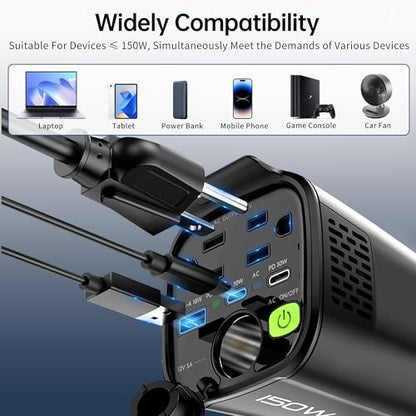 150W Power Inverter 6 in 1 DC 12V to 110V AC Inverter with 60W Dual USB-C and 18W USB-Fast Charger & 2 AC Outlets, Car Pluɡ Adapter Outlet for Laptop/Phone/GPS | Cup Holder Design for Travel - size: 150W