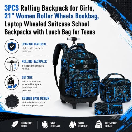 3Pcs Rolling Backpack for Boys, Men Roller Bag with Wheels for Adults, 19 Inche Graffiti Wheeled Bookbag with Lunch Box(Blue) - color: Graffiti Blue