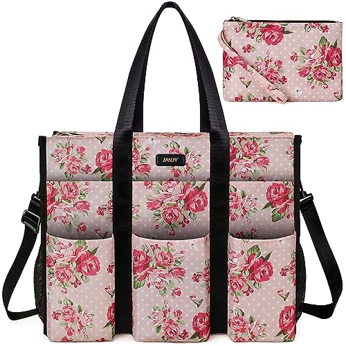IBFUN Women - Utility Tote Bag with 24 Pockets and Laptop Compartment, Work Tote for Women - color: C7-l-pink Flower, size: Large