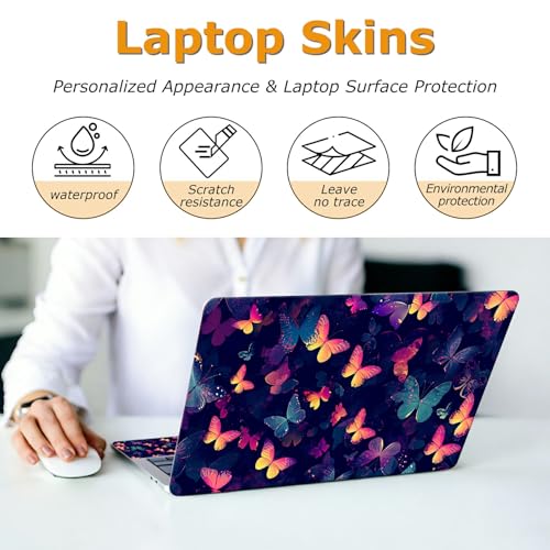 Universal Laptop Skin Sticker with 2 Wrist Pad Decals, 3-Piece Removable Vinyl Laptop Cover, Rainbow Butterfly Waterproof Anti-Scratch, Easy-Trim Fit for 13.3" 14" 15.6" Laptops - color: Rainbow Butterfly