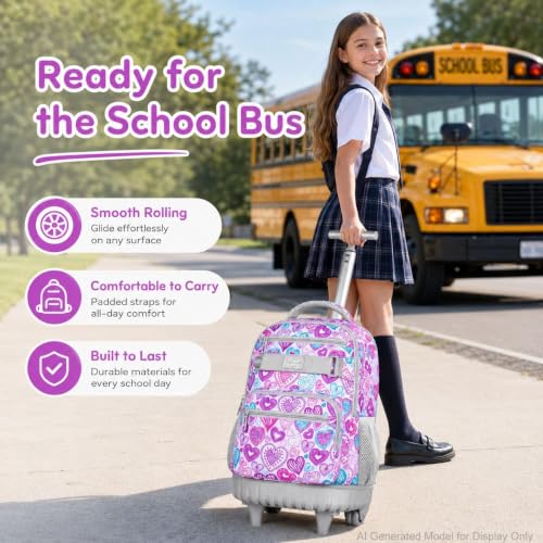 3Pcs Rolling Backpack for Girls Women, Travel Roller Backpacks with Wheels for Adults, Teens College Love Wheeled Bookbag with Lunch Box(Ash Powder) - color: Love Grey