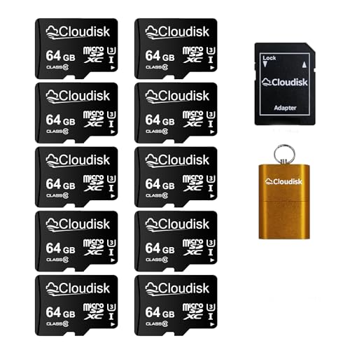 Pack of 10 Micro SD Card 64GB Flash Memory Card C10 A2 U3 Micro SDXC with SD Adapter, Card Reader (64GB) - size: 64GB