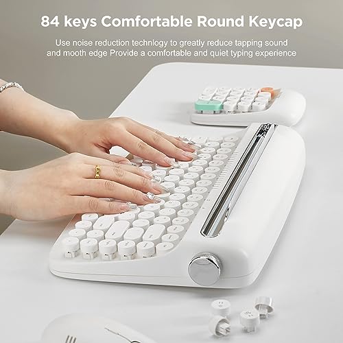 YUNZII ACTTO B303 Wireless Keyboard, Retro Bluetooth Aesthetic Typewriter Style Keyboard with Integrated Stand for Multi-Device (Snow White, B303) - style: Snow White