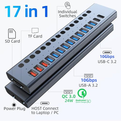 Powered USB Hub 10Gbps, 17 Ports USB 3.2 Hub, 96W Power Adapter | 10 USB-A 3.2, 3 QC 24W Fast Charging, 2 USB-C 3.2, SD/TF, 12V/8A Power Adapter for Laptop, PC, Computer, HDD, Flash Drive - color: Gray