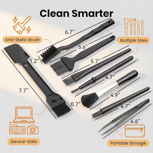 Keyboard Cleaning Kit with Anti Static Brush, 8-Piece Black Dusting Tool Set for Keyboards, Laptops, Screens, Vents, and Small Devices, Compact Storage for Home Office - size: Medium