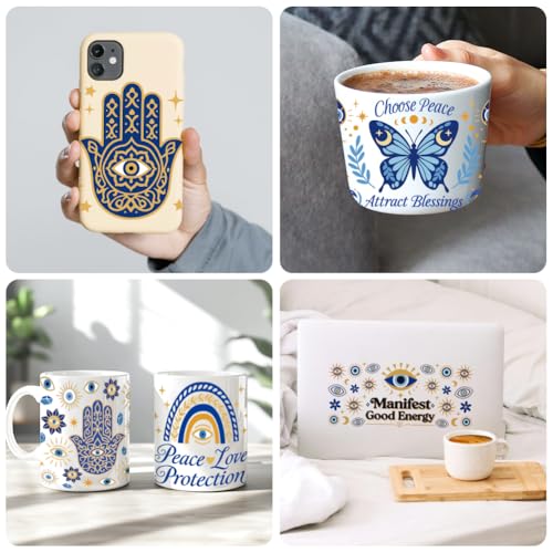 Hamsa Evil Eye UV DTF Cup Wraps, 10 Sheets Transfer Sticker | Waterproof UV DTF Stickers, Custom Vinyl Decals for 16oz Coffee Cups Tumblers Bottles Mugs, DIY Gifts & Crafts - style: Hamsa Hands and Evil Eye