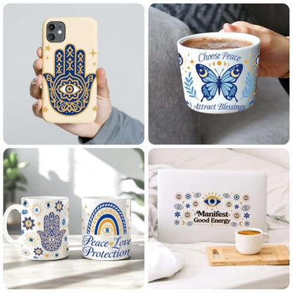 Hamsa Evil Eye UV DTF Cup Wraps, 10 Sheets Transfer Sticker | Waterproof UV DTF Stickers, Custom Vinyl Decals for 16oz Coffee Cups Tumblers Bottles Mugs, DIY Gifts & Crafts - style: Hamsa Hands and Evil Eye