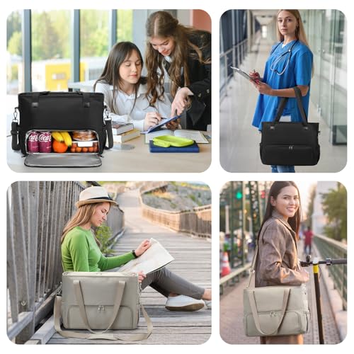 2-in-1 Insulated Lunch & Laptop Tote Bag for Women, Fits 15.6" Laptop, Lightweight Water-Resistant Polyester Work Tote Bag, Commuter Bag for Office, Teacher, Nurse & Travel, Khaki - color: Khaki