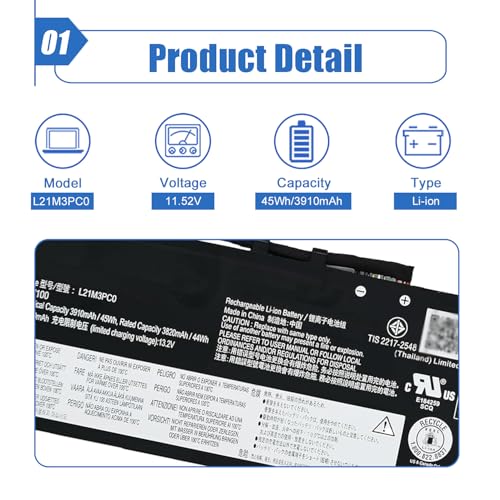 L21M3PC0 Laptop Battery Compatible with Lenovo IdeaPad Gaming 3-15IAH7 Gaming 3-15ARH7 Series L21C3PC0 L21D3PC0 SB11F36375 SB11F36367 SB11F36369 5B11F36371 5B11F36370 45Wh 3910mAh - size: 9.45*3.32*0.27 inch L21M3PC0
