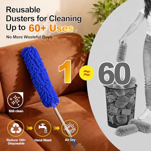 Tiumso Ceiling Fan Cleaner Dusters for Cleaning 6-in-1 Kit, Cobweb Duster with Extension Pole, 100 Inches High Ceiling Fan Blade Cleaners with 5 Reuseable Dusting Heads for Windows and Blinds- Blue - color: Light Blue