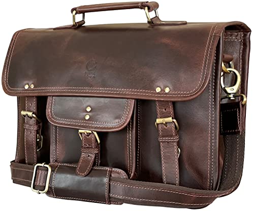 Leather Messenger Bag for Men - 16 Inch Laptop Briefcase, Office Satchel | Fits 16" Laptop & Documents, Top-handle, Removable Shoulder Strap, Brass Fittings, Luggage Sleeve, Organized Pockets - color: Mulberry