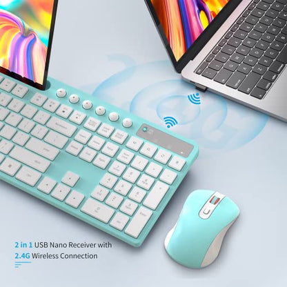 Wireless Keyboard and Mouse Combo, MARVO 2.4G Ergonomic Wireless Computer Keyboard with Phone Tablet Holder, Silent Mouse with 6 Button, Compatible with MacBook, Windows (Blue) - color: Blue