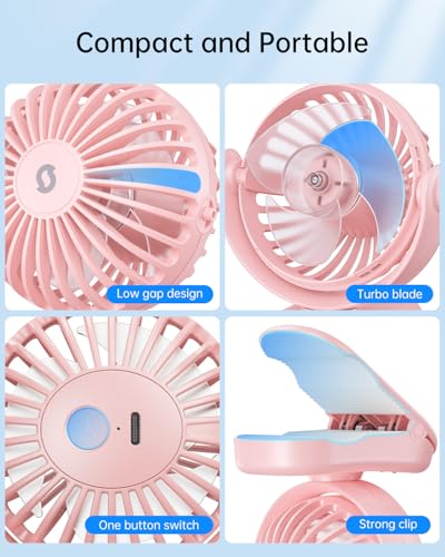 SWEETFULL Portable Clip on Fan - Mini Personal Fan with - Pink | Strong Clamp, 3 Speeds, 11Hrs Cooling, Cute Small Desk Cooler for Stroller Bed Pet Carriers Umbrell Travel Outdoor