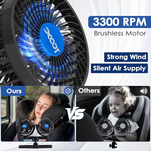 XOOL USB Dual Head Backseat Car Fan – 360° Rotatable Rear Seat Air Circulator with Stepless Speed & Adjustable Clip for Kids in SUV, Truck, RV - size: USB Dual Fan - Rear (Stepless)