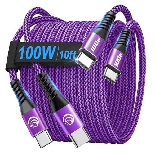 USBC to USBC 100W [10ft/2 Pack] USB C to USB C Fast Charging Cable Braided C to C Charger Cord for MacBook Pro/Air, iPhone 16 15 Pro Max Plus,iPad Pro,Samsung Galaxy S25 Ultra S24 S23,Pixel,PS5,Switch - color: Purple, size: 10ft+10ft