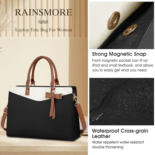 RAINSMORE Laptop Bag for Women 15.6 Inch PU Leather Tote Bag Professional Business Office Work Bag Waterproof Briefcase Computer Tote Bag Large Capacity Lightweight Handbag Shoulder - color: Black-beige-dark Brown
