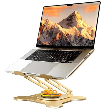 JCZT 360° Rotating Laptop Stand for Desk, Metal Foldable Laptop Riser Gold | Ergonomic Portable Adjustable Laptop Stand, Ventilated Cooling Notebook Holder for MacBook Air Pro, All 10-16'' Laptops - color: Gold
