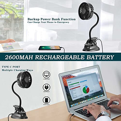 Clip On USB Mini Desk Fan with Emergency Power Bank, Battery Operated Rechargeable Portable Fan - Flexible Neck, 3 Speed Personal Cooling for Car, Camping, Office, Dorm, Beach - Black - color: Black