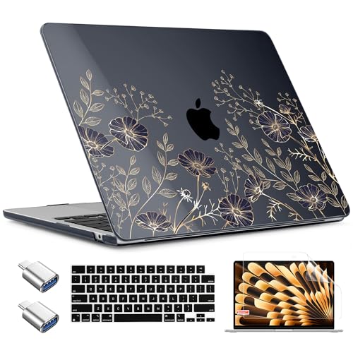 TWOLSKOO for MacBook Air 13 inch Case M5 2026 M4 2025 M3 M2 2024-2022 A3449 A3240 A3113 A2681, Plastic Hard Shell & Keyboard Cover & Type C for MacBook Air 13.6 inch Case, Golden Flowers - color: Golden Flowers D 221