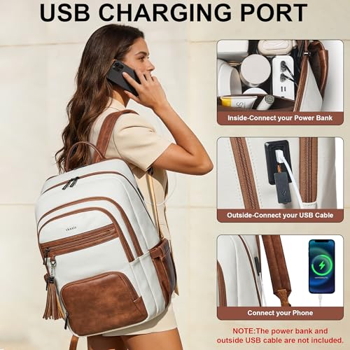 Shrrie 17 Inch Laptop Backpack for Women,Vegan Leather Backpack Purse,28L Work Business College Travel Computer Backpacks with Pouch Pocket for Large Capacity Cup & USB Charger,Beige with Brown - color: Beige With Brown