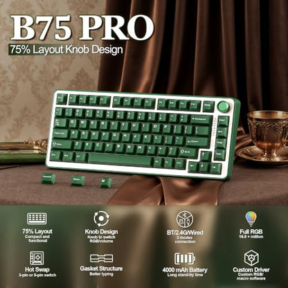 YUNZII B75 PRO Wireless Mechanical Gaming Keyboard | Custom 75% Layout with Knob,Gasket Mount,Hot Swap,Creamy Pre-lubed Switch,BT/USB-C/2.4G(Olive Green, Milk Switch) - color: Olive Green, size: Milk Switch
