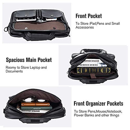 seyfocnia Men's Business Travel Briefcase Leather Handmade Messenger Bags Laptop Bag - color: Black, size: 17.3inch