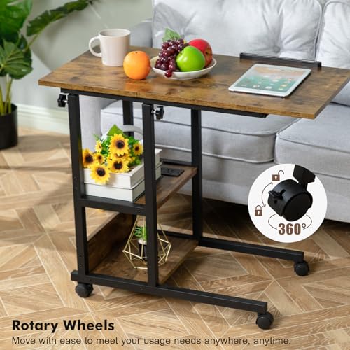 Hadulcet Adjustable C Table with Charging Station, Tiltable Desk C Shaped End Table for Couch, Over Bed Table with Wheels Adjustable Height, Hospital Table Laptop Stand Drawing Desk, Rustic Brown - color: Romantic Brown, style: Upgrade