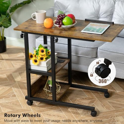 Hadulcet Adjustable C Table with Charging Station, Tiltable Desk C Shaped End Table for Couch, Over Bed Table with Wheels Adjustable Height, Hospital Table Laptop Stand Drawing Desk, Rustic Brown - color: Romantic Brown, style: Upgrade